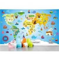 Adesivo Infantil Papel De Parede Mapa Mundi Decorativo com Animais Barcos Zoo Safari Mod01 tamanho 200 x 120 cm