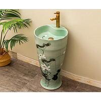Bacia de bancada pintada à mão Lotus piscina cerâmica banheiro pedestal pia com suporte integrado pedestal pia-1