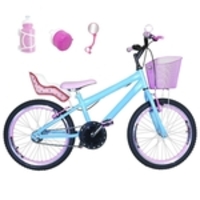 Bicicleta Infantil Aro 20 Azul Claro Kit E Roda Aero Rosa Bebê Com Cadeirinha