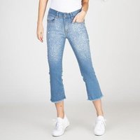 Calça Jeans Cropped Flare Bordado Pérola Delavê Bloom Feminina