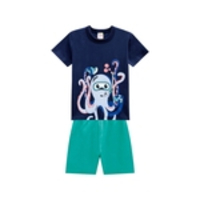 Conj. Bebê Camiseta Manga Curta Azul Marinho Fundo do Mar Polvo Bermuda Moletinho Verde Brandili P M G