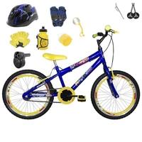 Bicicleta Infantil Aro 20 Azul Kit e Roda Aero Amarela com Capacete Kit Proteção e Acelerador
