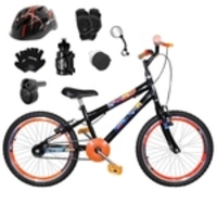Bicicleta Infantil Aro 20 Preta Kit e Roda Aero Laranja com Capacete Kit Proteção e Acelerador