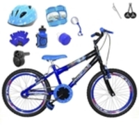 Bicicleta Infantil Aro 20 Azul Preta Kit e Roda Aero Azul com Capacete Kit Proteção e Acelerador